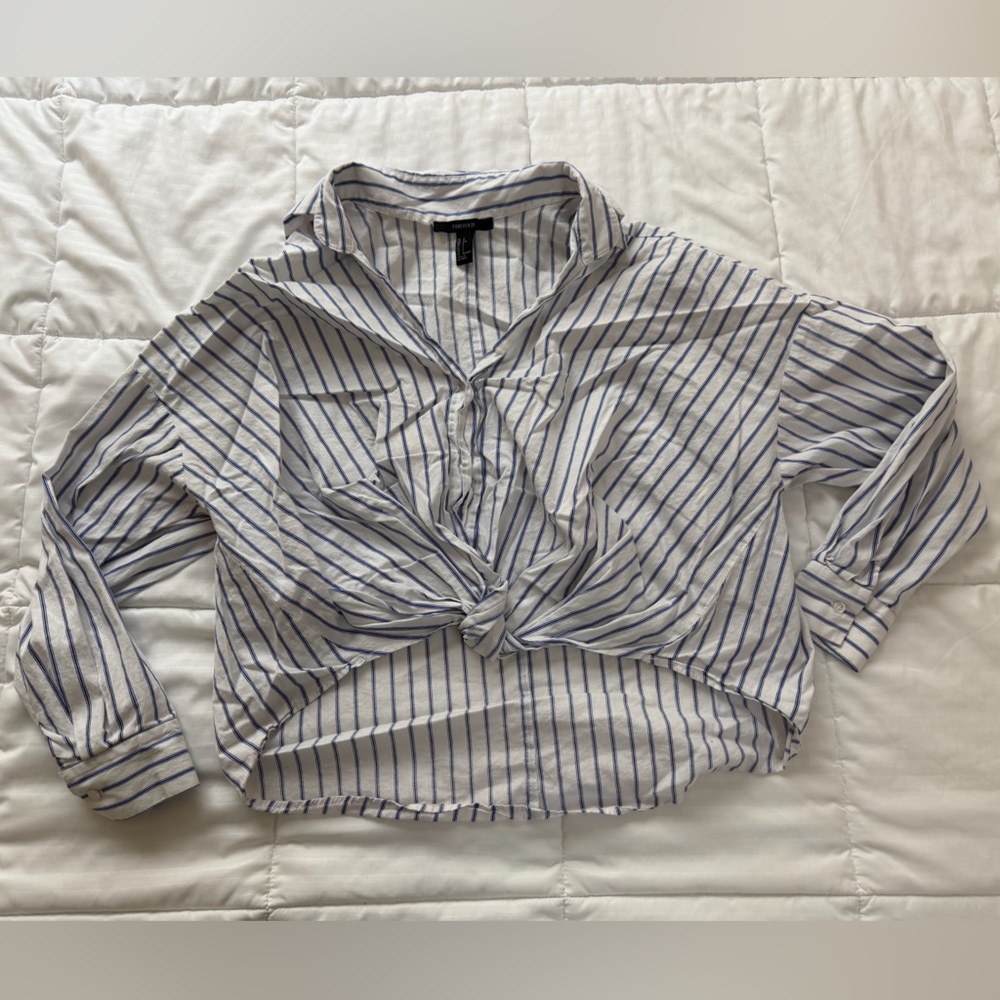 Forever 21 Navy and White Striped Button Down Shirt